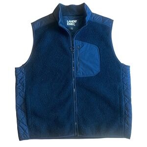 Lands End Mens XL Sherpa Fleece Vest Navy Blue Quilted Mixed Media Full Zip